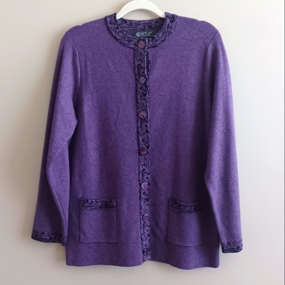 CASTLE OF IRELAND Size. 14/Large Wool Blend Purple Cardigan Sweater with Pockets